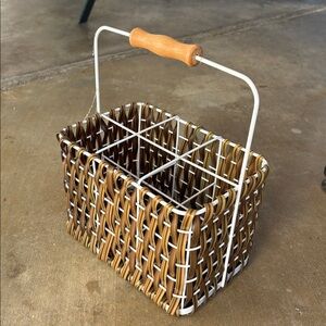 Brown and White Metal Basket with Wooden Handle. Dividers